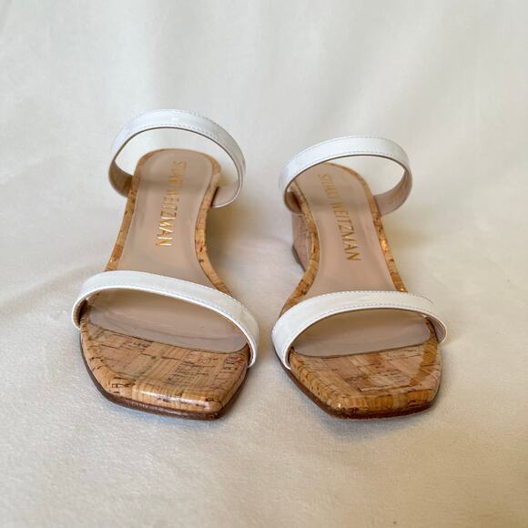 Stuart Weitzman Aleena Wedge Heel Sandals 7.5 Narrow White Patent Leather Cork - Picture 4 of 13